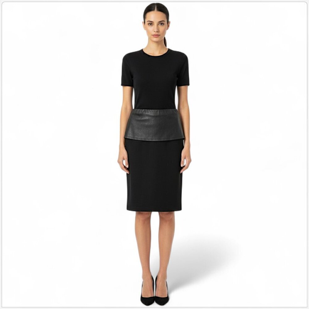 Donna Karan Black Label Ponte Knit Leather Peplum Pencil Bodycon Skirt New NWT 4